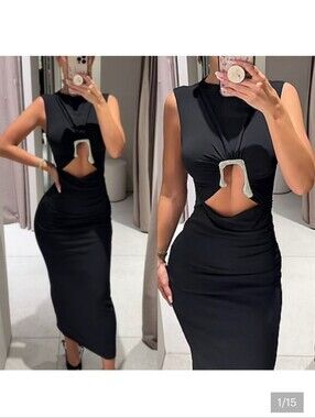 Zara Black Midi Dress with Silver Rhinestone Accent